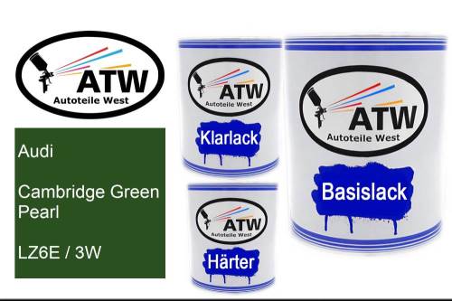 Audi, Cambridge Green Pearl, LZ6E / 3W: 1L Lackdose + 1L Klarlack + 500ml Härter - Set, von ATW Autoteile West.